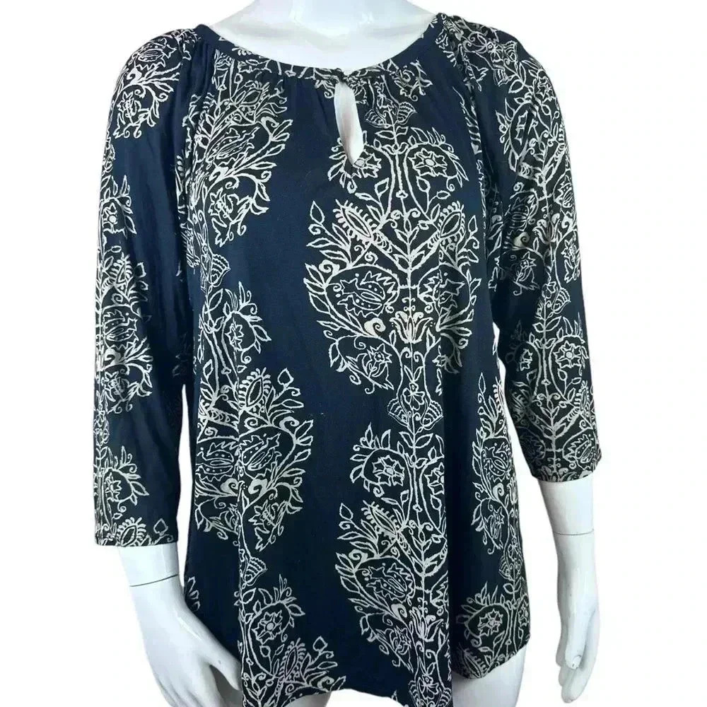 Lucky Brand black long sleeve top with cream boho print size 2X - Picture 2 of 9